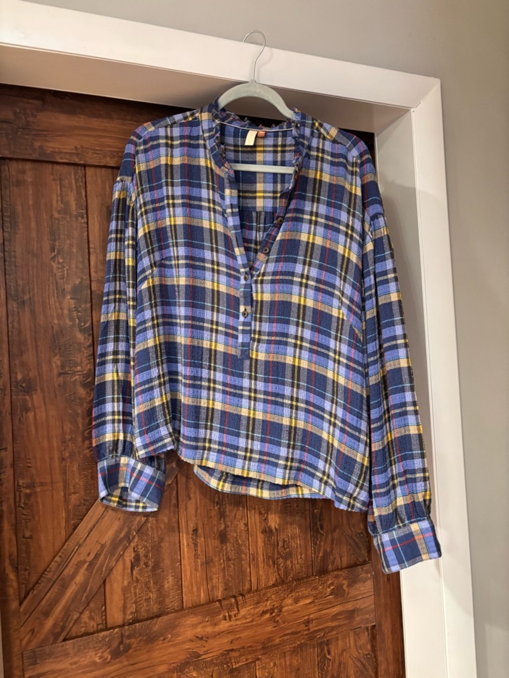 Pilcro Navy, Blue & Yellow Plaid Henley Blouse